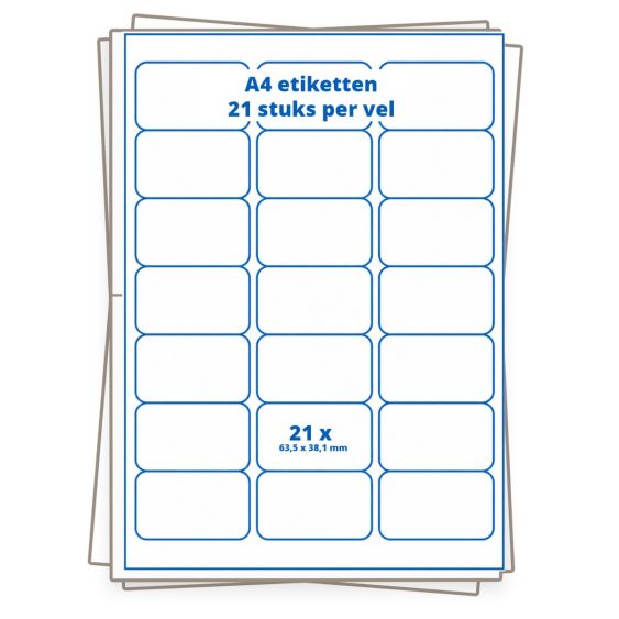 A4 etiket 21 per vel 63,5x38,1 mm - 100 vellen