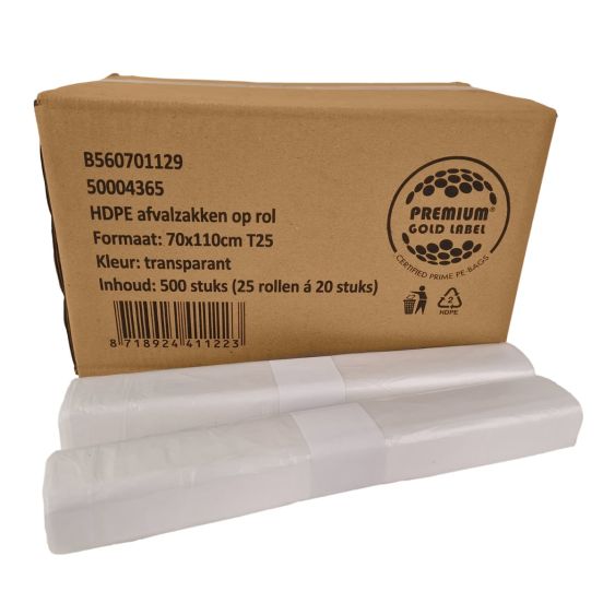 Afvalzak HDPE 70x110 cm T25 Transparant - 500 Zakken