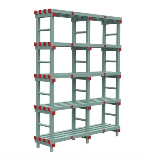 Kunststof Magazijnstelling 2450x300x1500 mm 5 niveau's groen met rode doppen