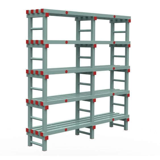 Kunststof Magazijnstelling 2450x400x1800 mm 5 niveau's groen met rode doppen