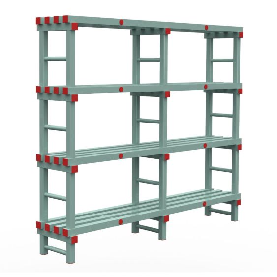 Kunststof Magazijnstelling 1750x400x2000 mm 4 niveau's groen met rode doppen