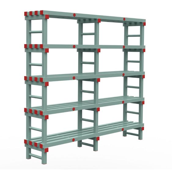 Kunststof Magazijnstelling 2050x300x2000 mm 5 niveau's groen met rode doppen