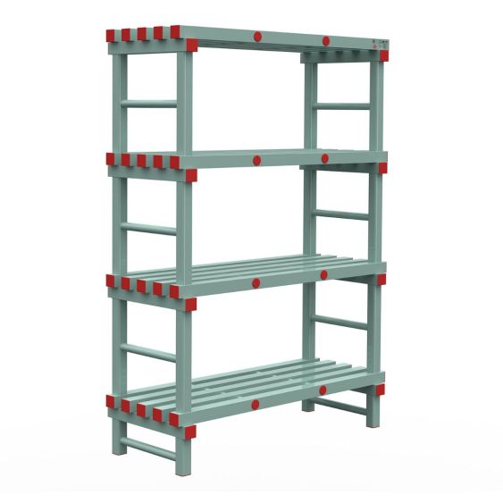 Kunststof Magazijnstelling 1600x500x1200 mm 4 niveau's groen met rode doppen
