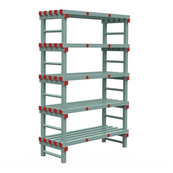 Kunststof Magazijnstelling 1450x500x1200 mm 5 niveau's groen met rode doppen