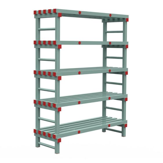 Kunststof Magazijnstelling 2450x500x1400 mm 5 niveau's groen met rode doppen