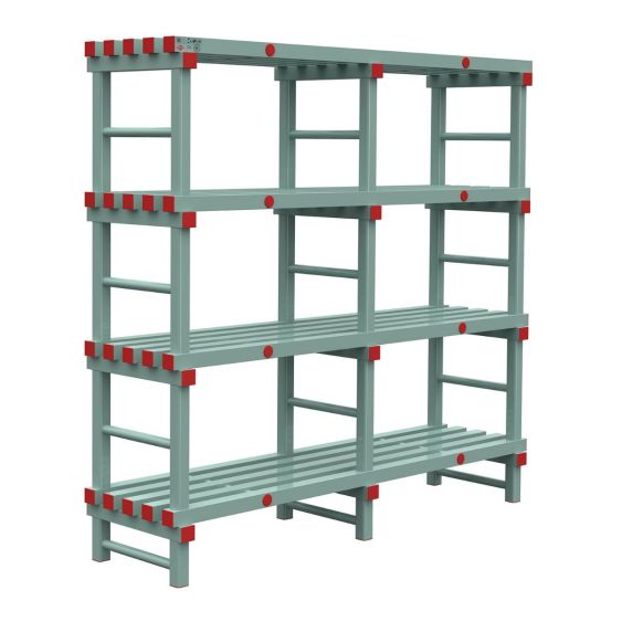 Kunststof Magazijnstelling 1150x500x1800 mm 4 niveau's groen met rode doppen