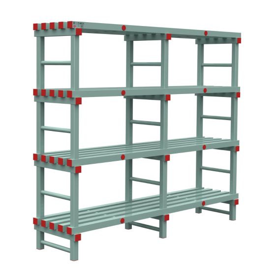 Kunststof Magazijnstelling 1750x500x2000 mm 4 niveau's groen met rode doppen