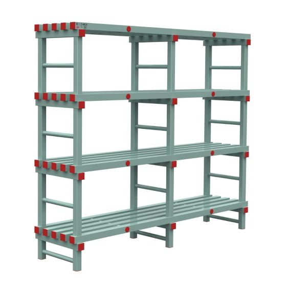 Kunststof Magazijnstelling 1450x500x2000 mm 4 niveau's groen met rode doppen