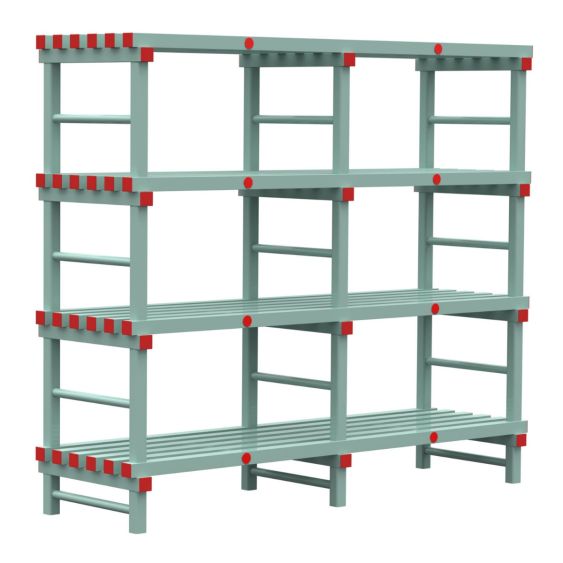 Kunststof Magazijnstelling 1750x600x2000 mm 4 niveau's groen met rode doppen