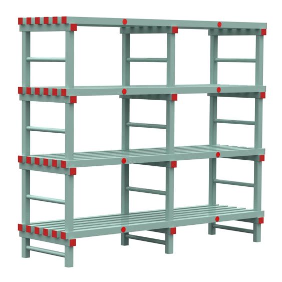 Kunststof Magazijnstelling 1450x600x2000 mm 4 niveau's groen met rode doppen