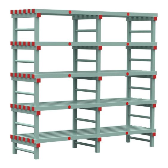 Kunststof Magazijnstelling 2250x600x2000 mm 5 niveau's groen met rode doppen