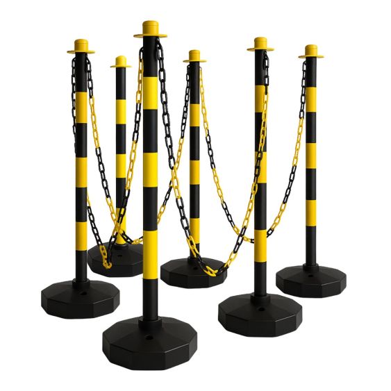 Afzetpalen Kunststof zwart/geel 90 cm met Ketting en Voet 6 stuks