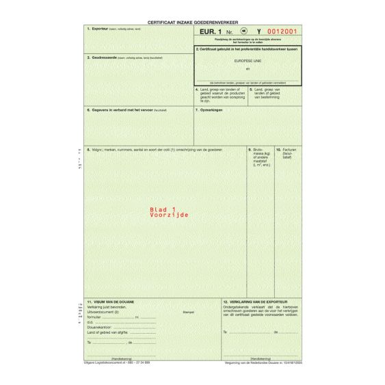 EUR. 1 Certificaat NL Laser Tweevoud - 100 sets