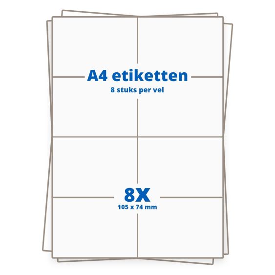 A4 etiketten 8/vel, 105 x 74 mm.