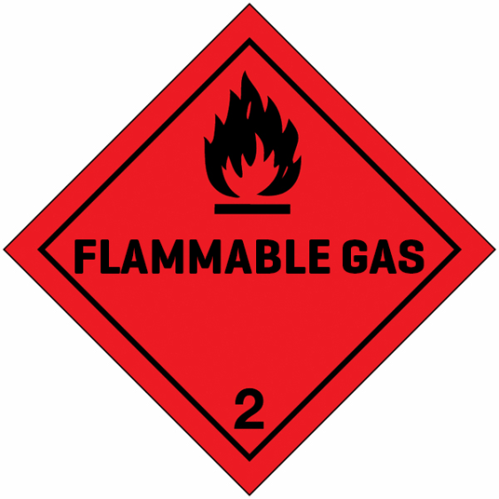 Gevaarsetiket klasse 2.1 250 x 250 mm zelfklevend vinyl op vel MET TEKST