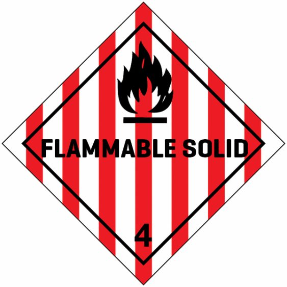 Gevaarsetiket klasse 4.1 100 x 100 mm zelfklevend PE op rol - 1000 stuks MET TEKST