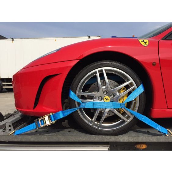 Autotransportspanband Type TB bevestigd rond autowiel met losse tussenband