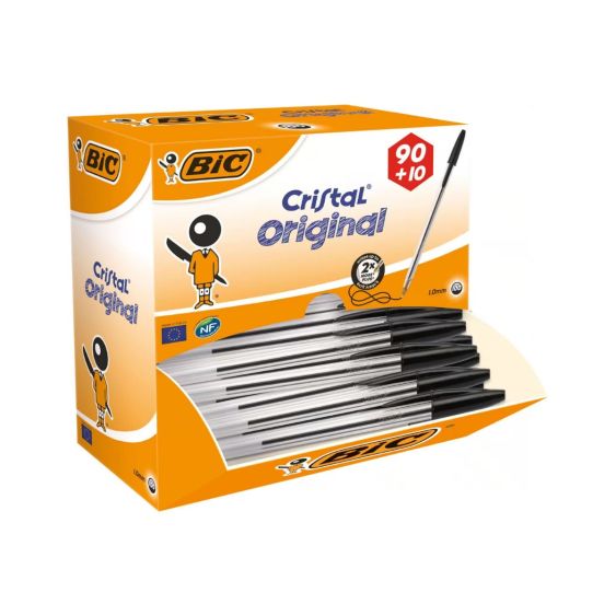 Balpen Bic Christal Zwart voordeelpak 90 + 10 pennen gratis doos