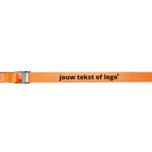Bedrukte Spanband met Gesp 25 mm 4M Oranje eigen tekst of logo zwarte opdruk
