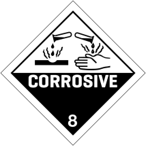 Gevaarsetiket klasse 8.0 100 x 100 mm zelfklevend papier op rol - 1000 stuks MET TEKST